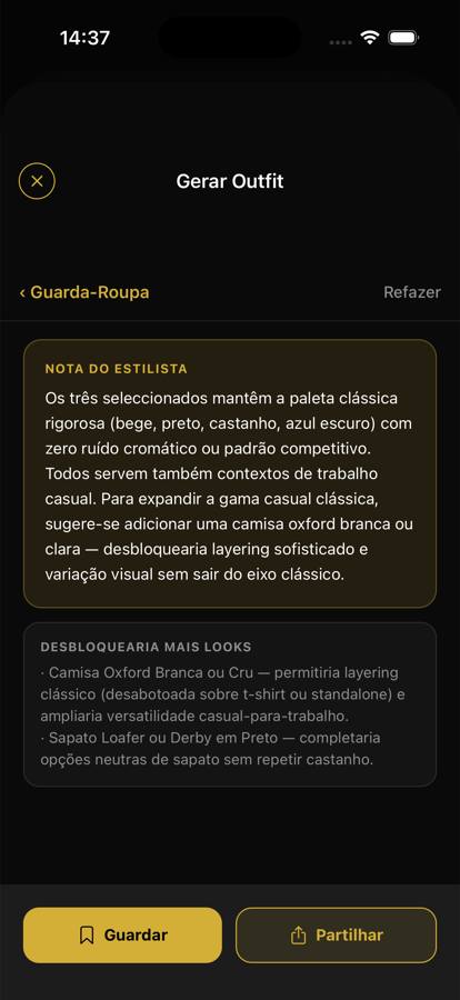 Nota do estilista IA com sugestões para o teu guarda-roupa